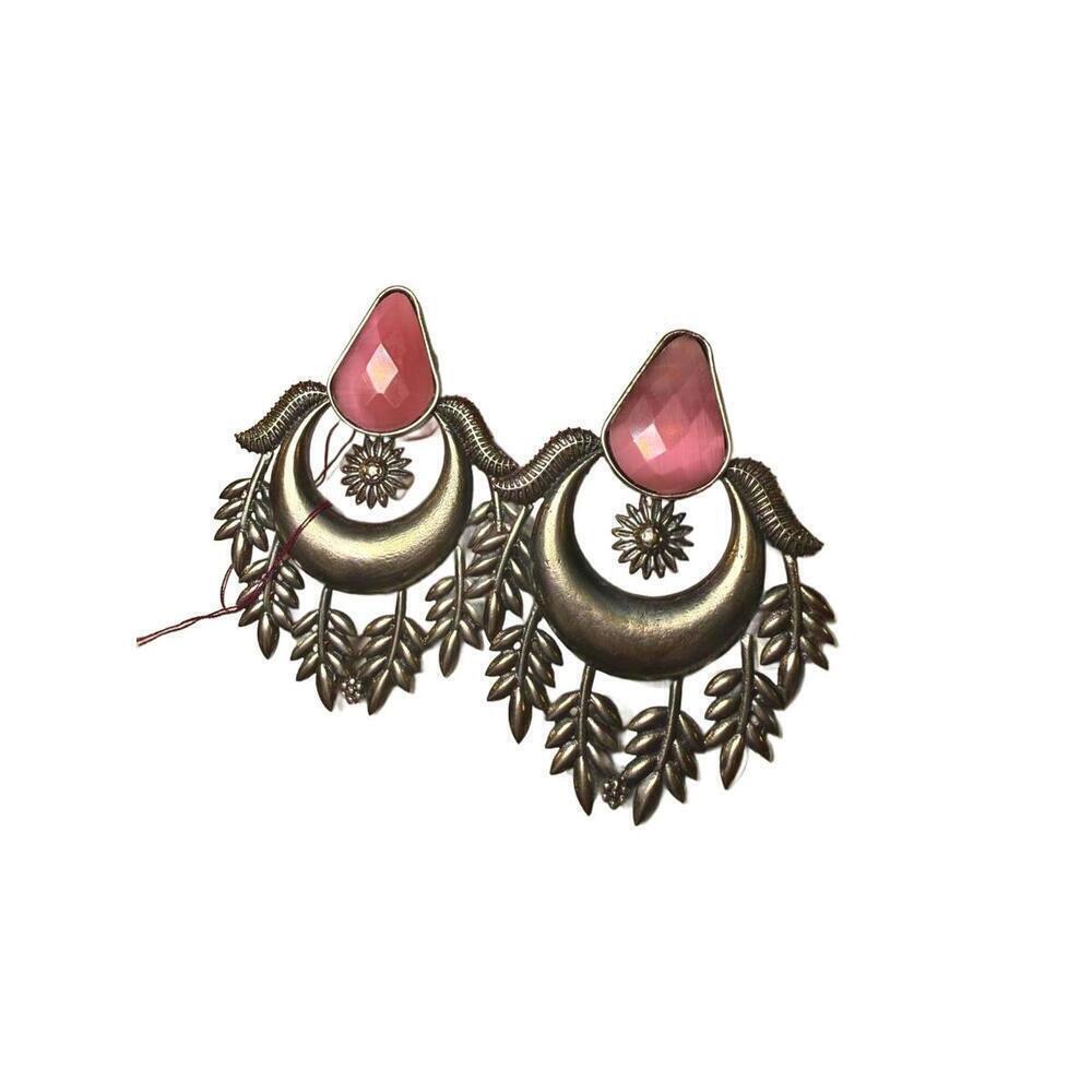 Oxidized Silver Tone and Pink Stone Earrings